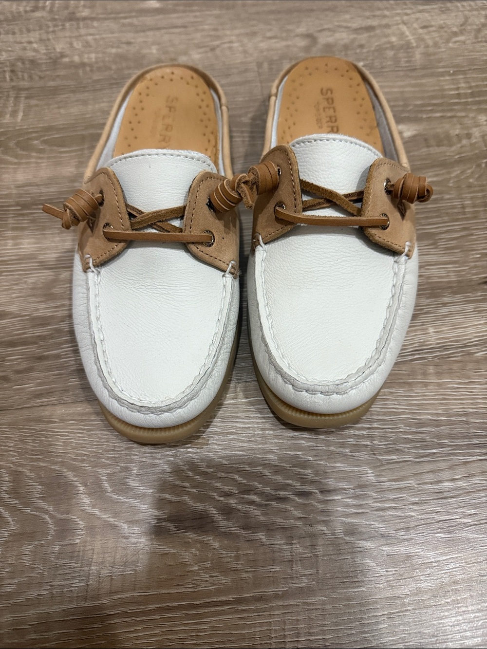 Sperry White and Tan Leather Slip-On Boat Mules
